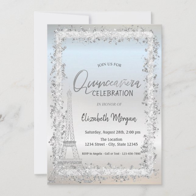 Silver Frame Eiffel Tower Silver Quinceanera Invitation (Front)
