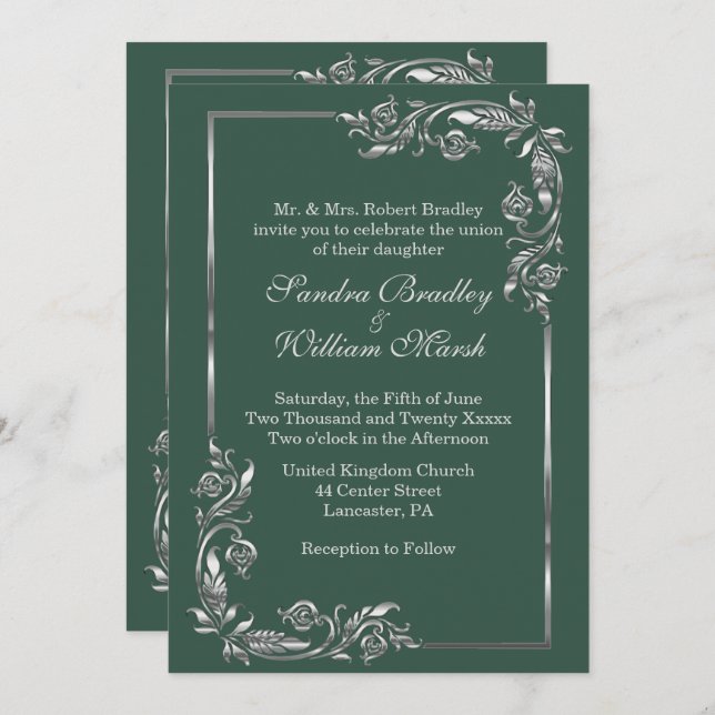 Silver Frame Forest Green  Invitation (Front/Back)