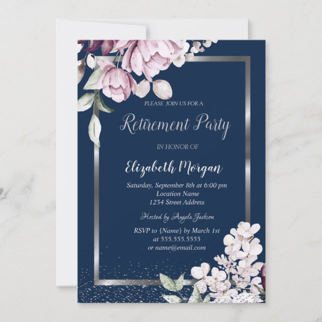 Silver Frame Lavander Flowers Retirement Invitation (Front)