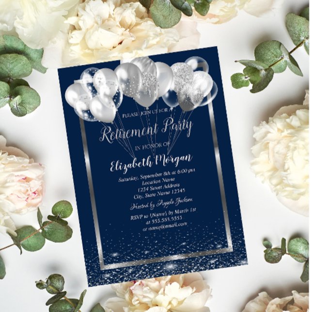 Silver Frame Navy Confetti Balloons Retirement  Invitation (Creator Uploaded)