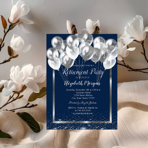 Silver Frame Navy Confetti Balloons Retirement  Invitation