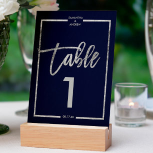 Silver frame script navy blue table number