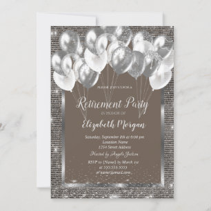 Silver Frame Sequins Balloons Brown Retirement Invitation