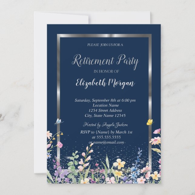 Silver Frame Wildflowers Navy Blue Retirement Invitation (Front)