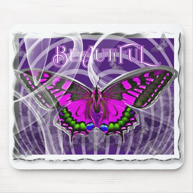 Silver Framed Colourful Butterfly with Swirls Mouse Pad (Front)
