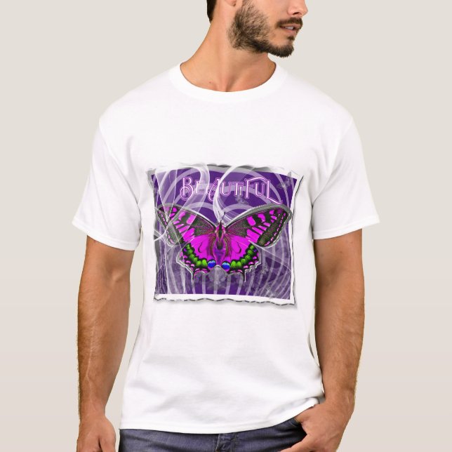 Silver Framed Colourful Butterfly with Swirls T-Shirt (Front)