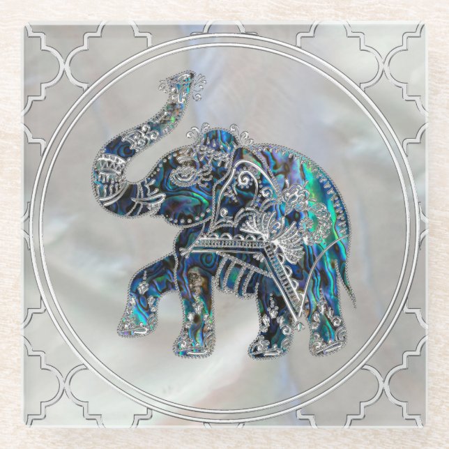 Silver Framed Elephant on Abalone and Pearl Glass Coaster (Front)
