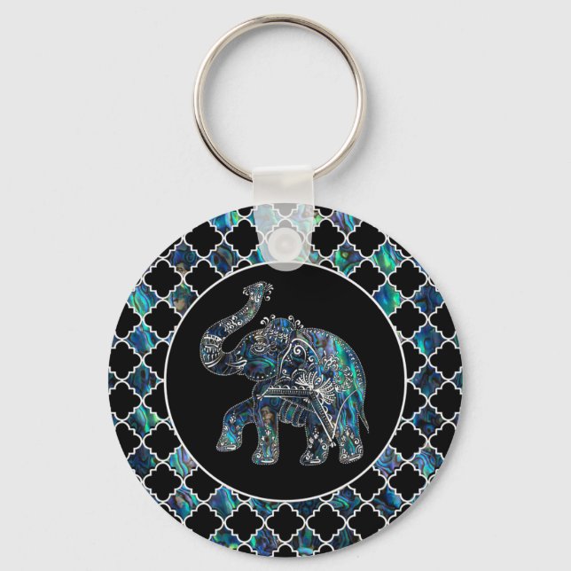 Silver Framed Elephant on Abalone and Pearl Key Ring (Front)
