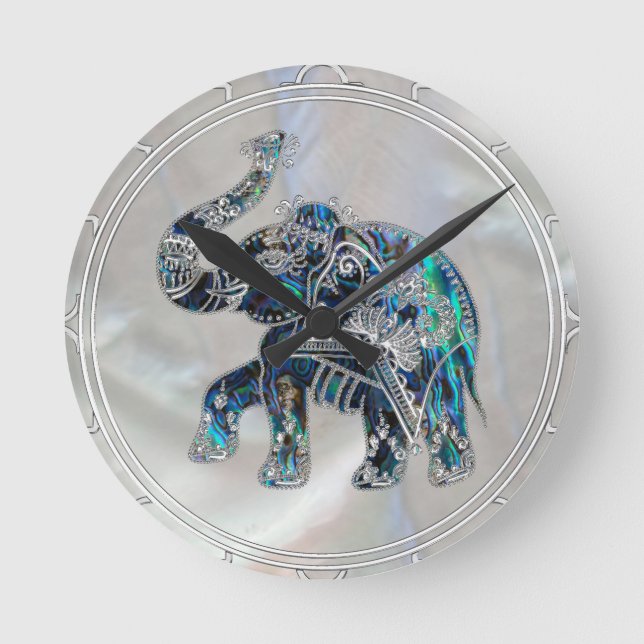 Silver Framed Elephant on Abalone and Pearl Round Clock (Front)