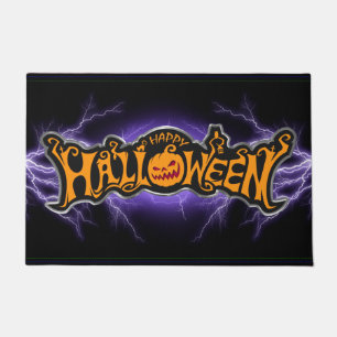 Silver Framed Happy Halloween Ruby Eyed Pumpkin Doormat