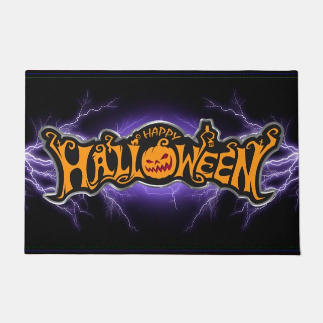 Silver Framed Happy Halloween Ruby Eyed Pumpkin Doormat (Front)