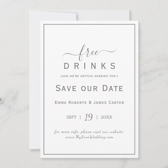 Silver Free Drinks Save the Date Card (Front)