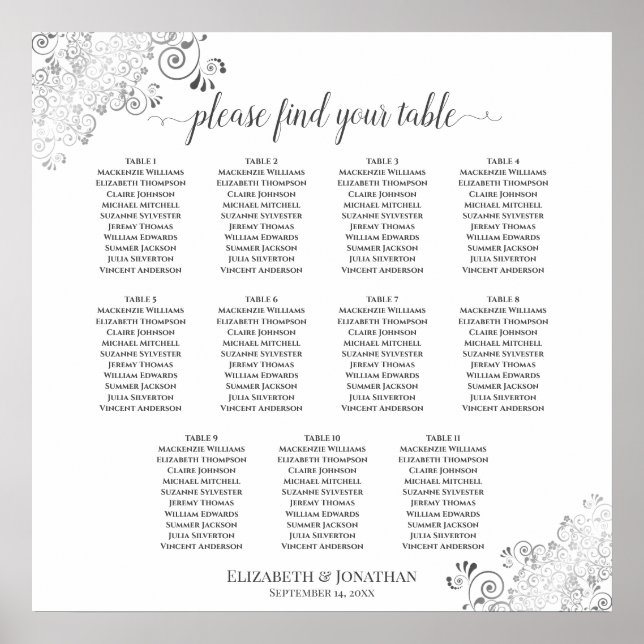 Silver Frills 11 Table Wedding Seating Chart White (Front)