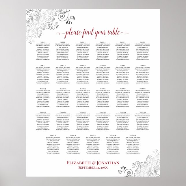Silver Frills 29 Table Wedding Seating Chart Red (Front)