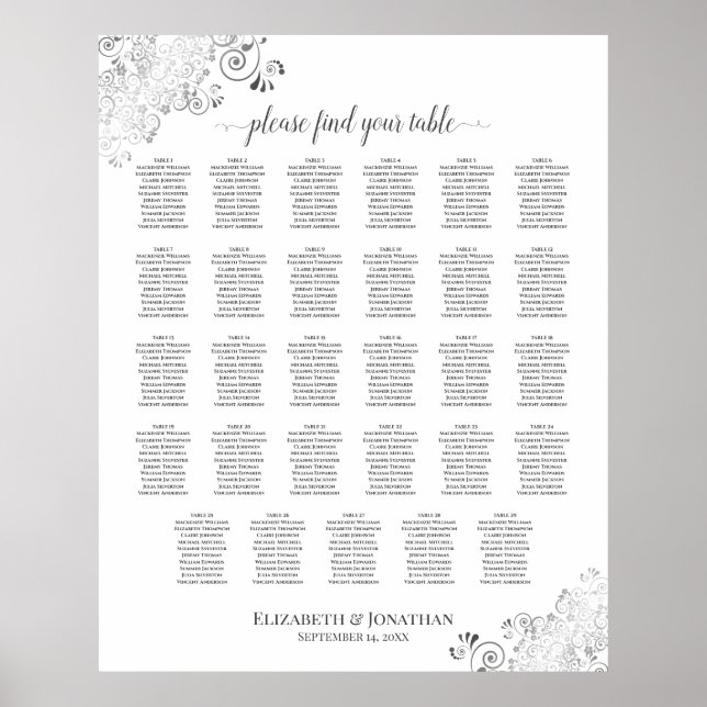 Silver Frills 29 Table Wedding Seating Chart White (Front)