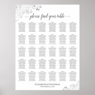 Silver Frills 30 Table Wedding Seating Chart White