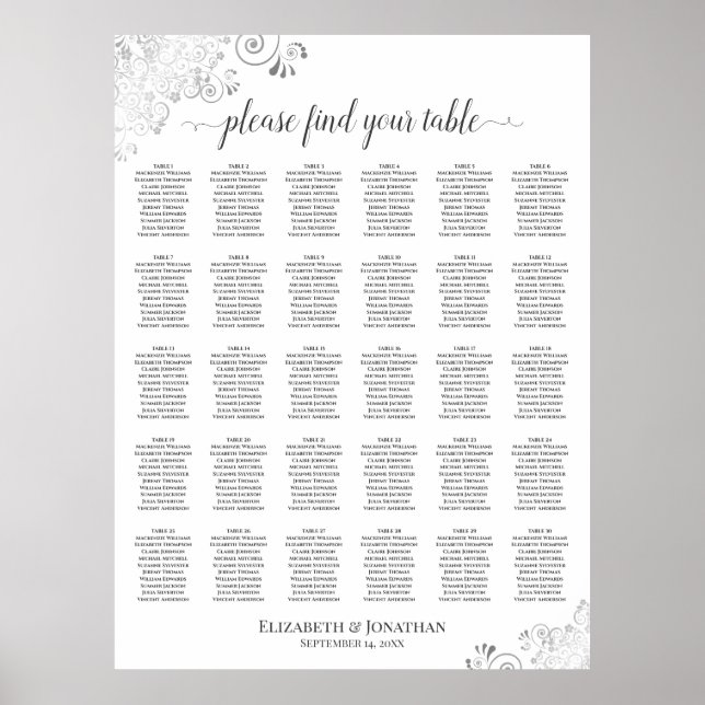 Silver Frills 30 Table Wedding Seating Chart White (Front)