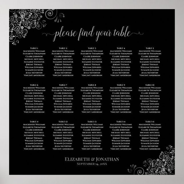 Silver Frills Black 15 Table Wedding Seating Chart (Front)