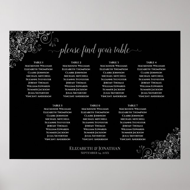 Silver Frills Black 7 Table Wedding Seating Chart (Front)