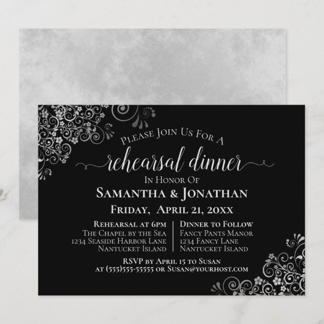 Silver Frills Black Wedding Rehearsal & Dinner Invitation (Front/Back)