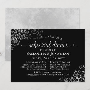 Silver Frills Black Wedding Rehearsal & Dinner Invitation