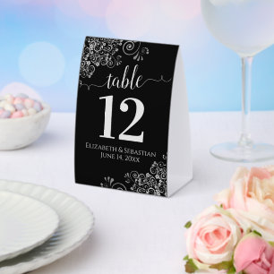 Silver Frills Black Wedding Table Number