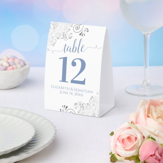 Silver Frills Blue on White Wedding Table Number (Insitu(Wedding))