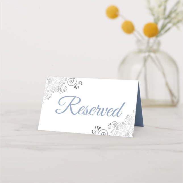 Silver Frills Blue White Elegant Wedding Reserved Place Card (Back)