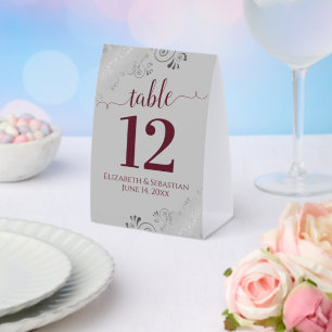 Silver Frills Burgundy & Grey Wedding Table Number
