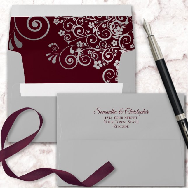 Silver Frills Burgundy Inside Elegant Grey Wedding Envelope (Creator Uploaded)