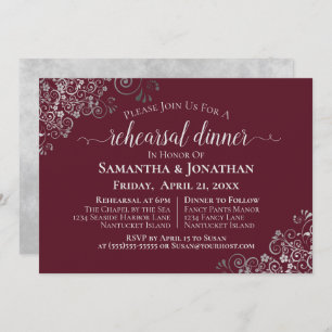 Silver Frills Burgundy Wedding Rehearsal & Dinner Invitation
