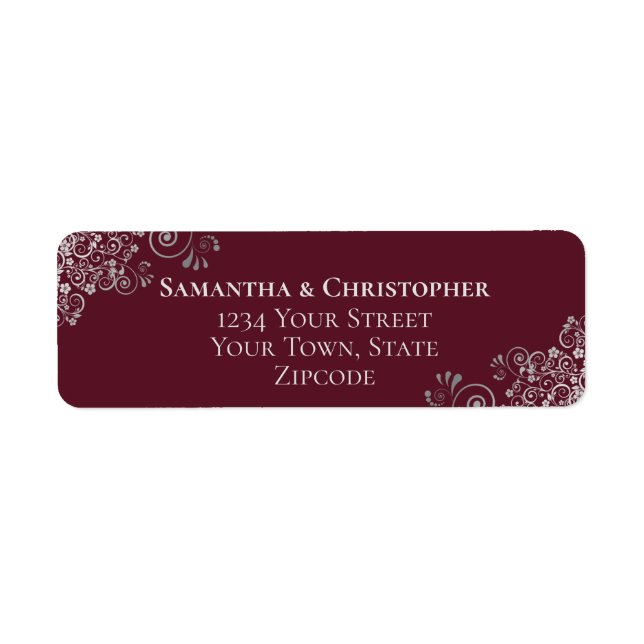 Silver Frills Burgundy Wedding Return Address Label (Front)