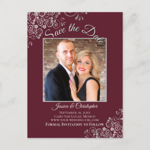 Silver Frills Burgundy Wedding Save the Date Photo Announcement Postcard