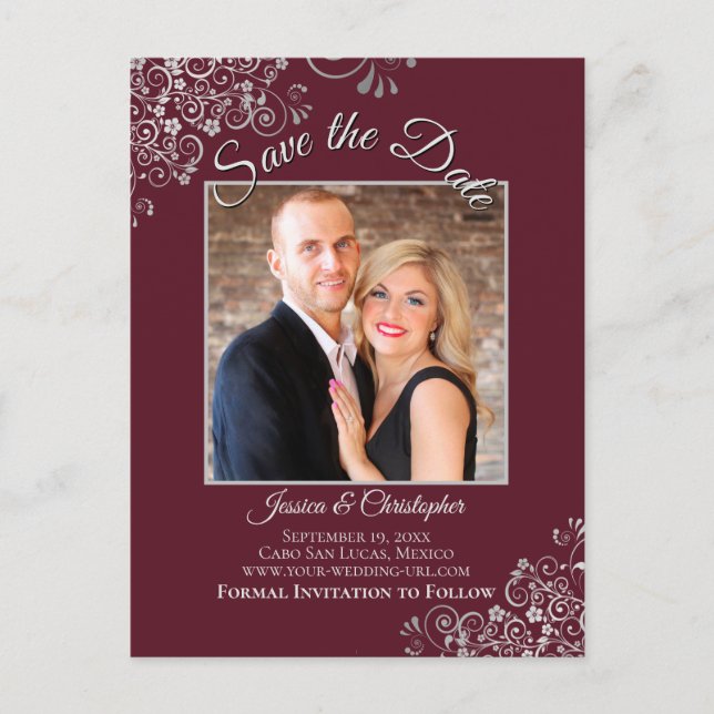 Silver Frills Burgundy Wedding Save the Date Photo Announcement Postcard (Front)