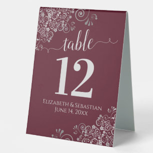 Silver Frills Burgundy Wedding Table Number