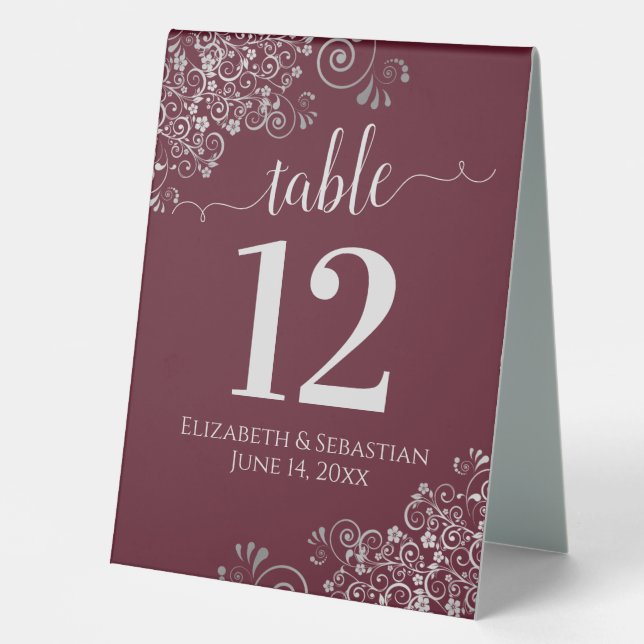 Silver Frills Burgundy Wedding Table Number (Front)