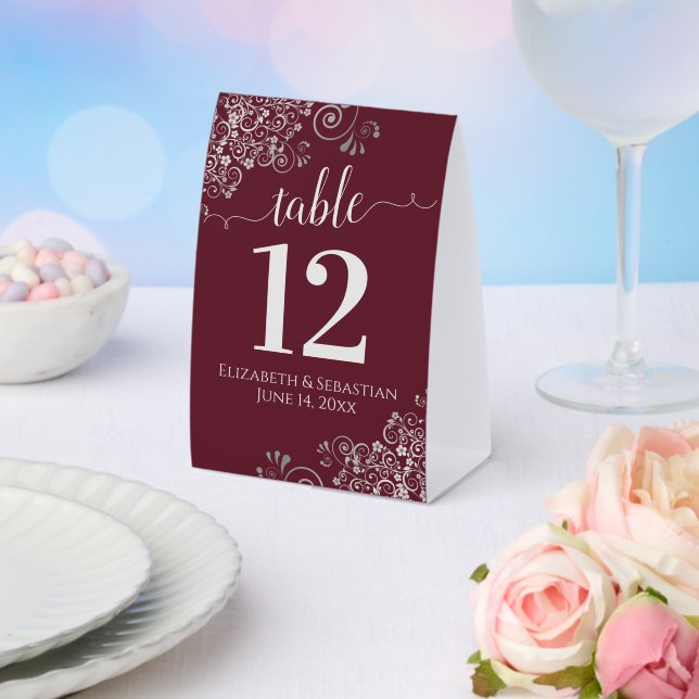 Silver Frills Burgundy Wedding Table Number (Insitu(Wedding))