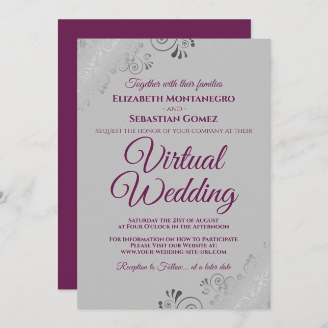 Silver Frills Cassis Purple & Grey Virtual Wedding Invitation (Front/Back)
