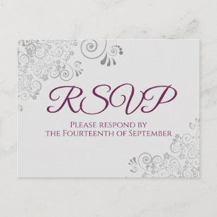 Silver Frills Cassis Purple on Grey Wedding RSVP Postcard