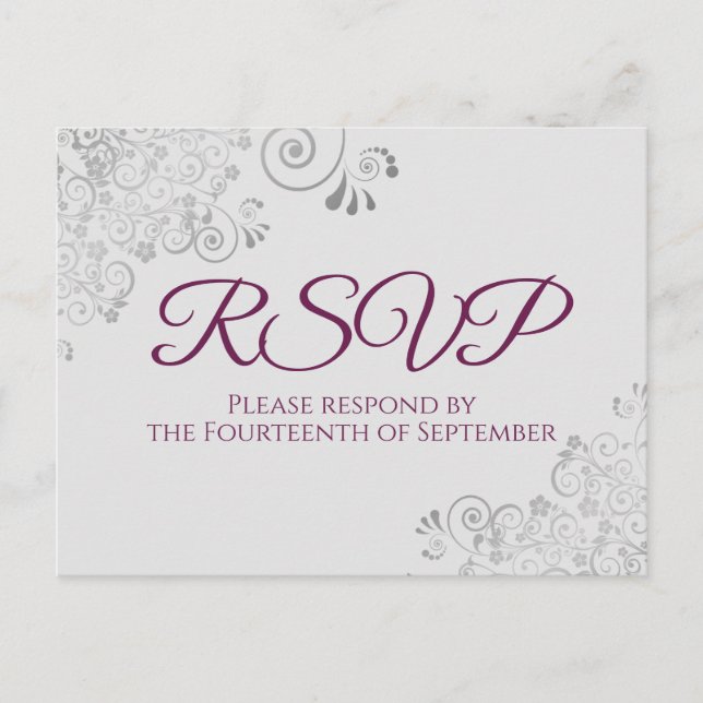 Silver Frills Cassis Purple on Grey Wedding RSVP Postcard (Front)