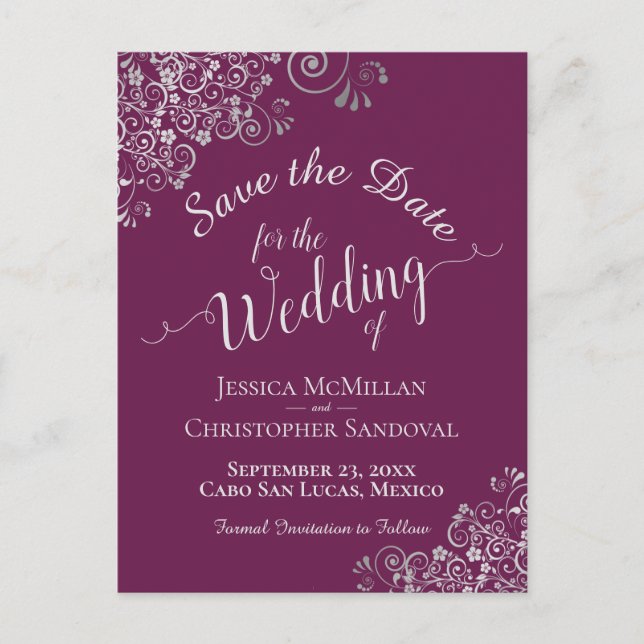 Silver Frills Cassis Purple Wedding Save the Date Announcement Postcard (Front)