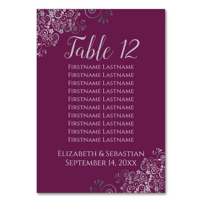 Silver Frills Cassis Purple Wedding Seating Chart Table Number (Front)