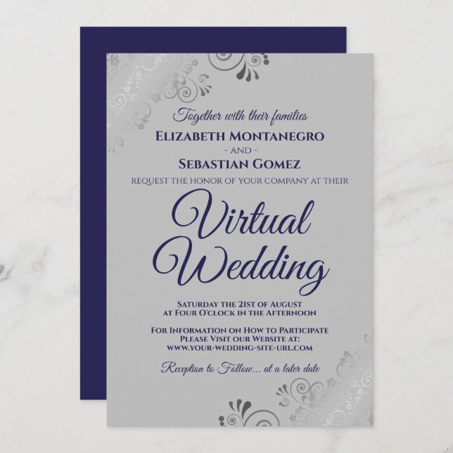 Silver Frills Chic Navy Blue Grey Virtual Wedding Invitation (Front/Back)