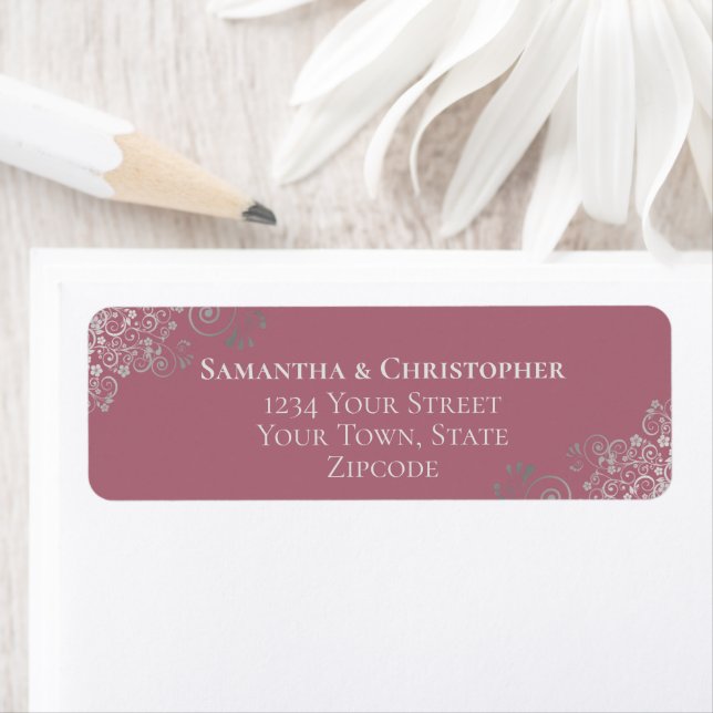 Silver Frills Dusty Rose Wedding Return Address Label (Insitu)