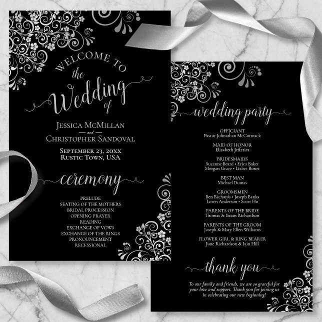 Silver Frills Elegant Black Budget Wedding Program (Front and Back)