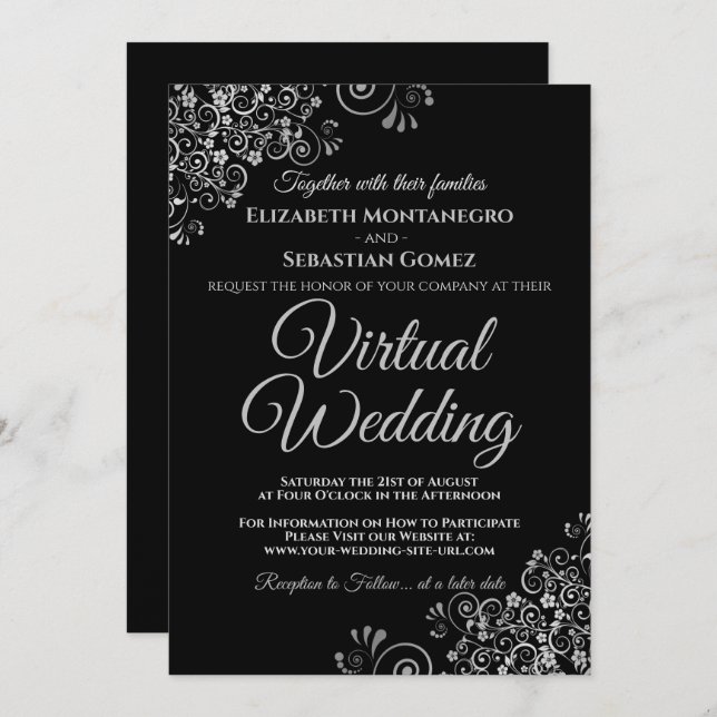 Silver Frills Elegant Black Virtual Wedding Invitation (Front/Back)