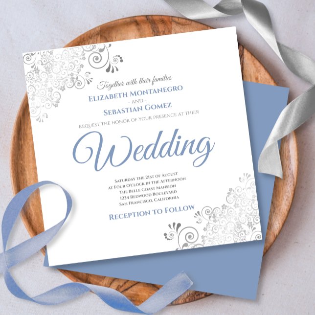 Silver Frills Elegant Blue & White Square Wedding Invitation (Creator Uploaded)