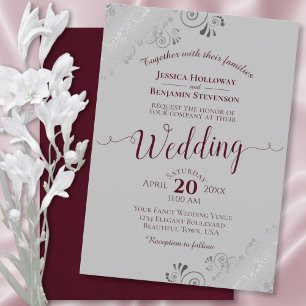 Silver Frills Elegant Burgundy & Grey Wedding Invitation