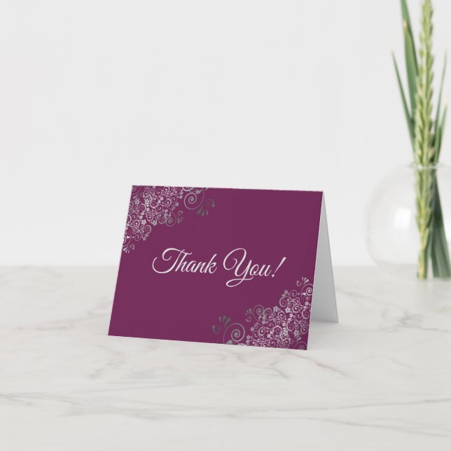 Silver Frills Elegant Cassis Purple Wedding Photo Thank You Card (Front)