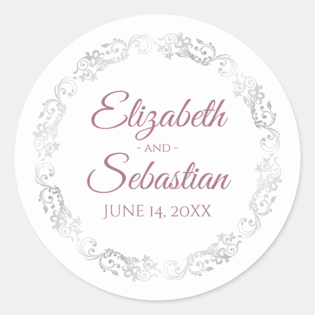 Silver Frills Elegant Dusty Rose & White Wedding Classic Round Sticker (Front)